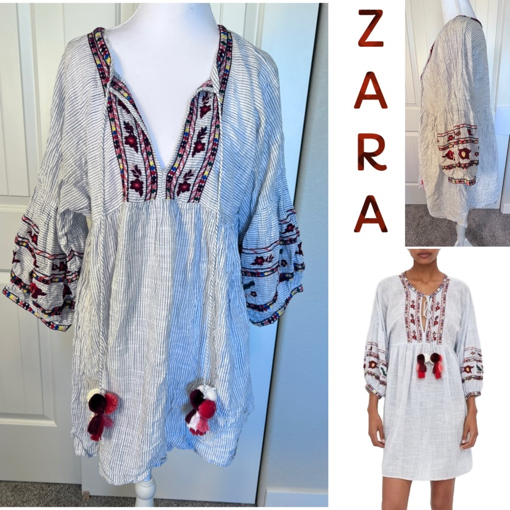 Zara TRF Medium Embroidered Pom Pom
Tassel Tunic Top Blouse Mini Dress
Bohemian
